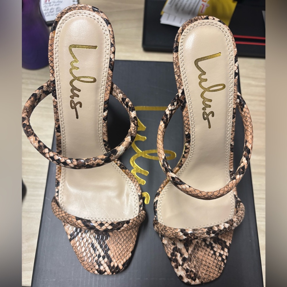 Lulu's Tan and Black Snake Print Heels